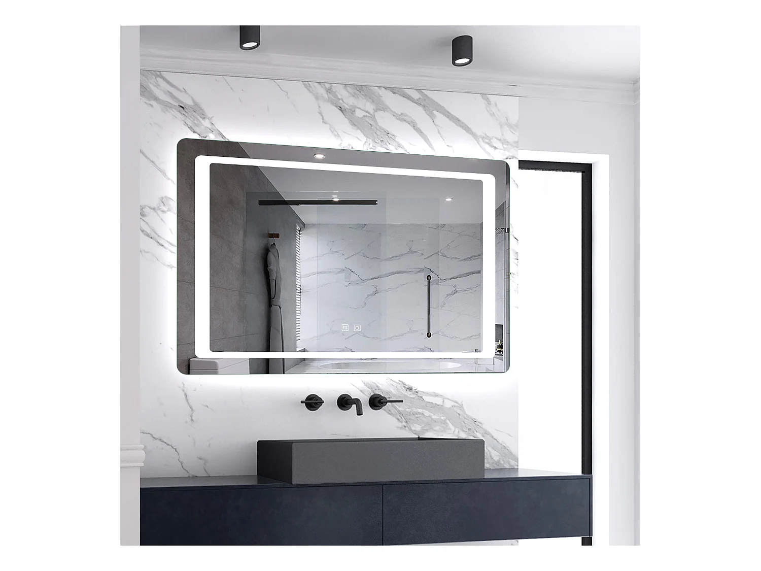 Miroir de salle de bain lumineux l.140 x H.80cm avec Anti-buée, Mural Miroir