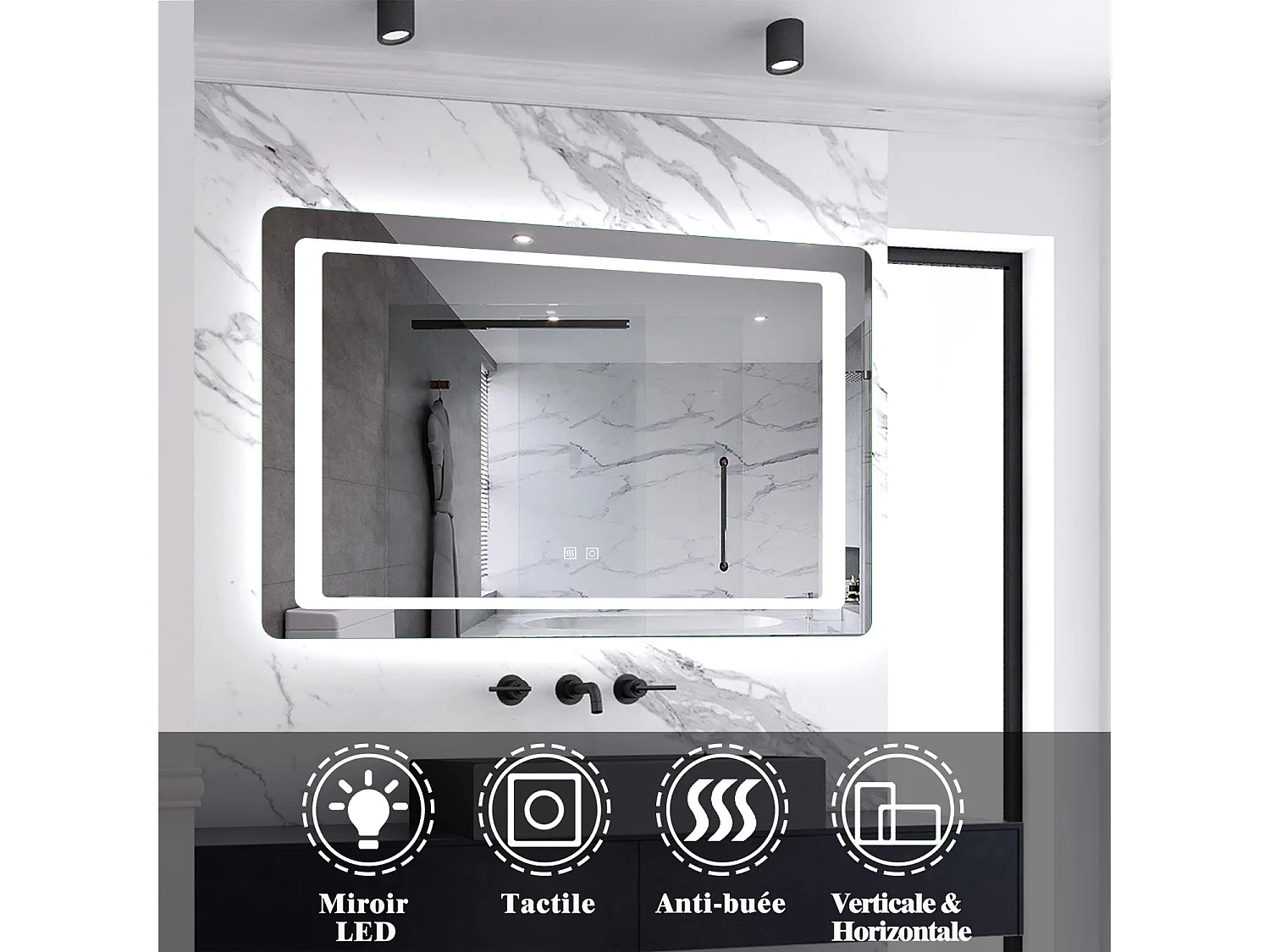 Miroir de salle de bain lumineux l.120 x H.70cm avec Anti-buée, Mural Miroir