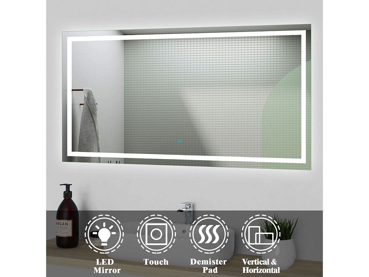 Miroir de salle de bain lumineux l.150 x H.80cm avec Anti-buée, Mural