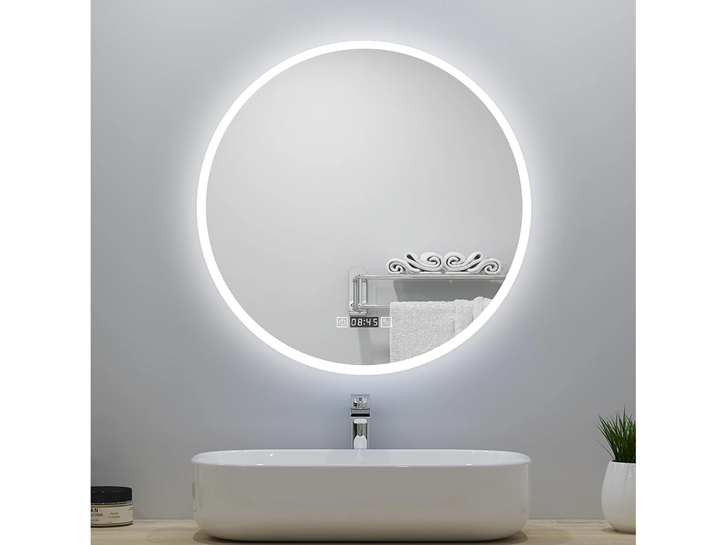 Miroir de salle de bain lumineux Rond 70cm avec Horloge + 3 Couleurs + Dimmable + Anti-buée