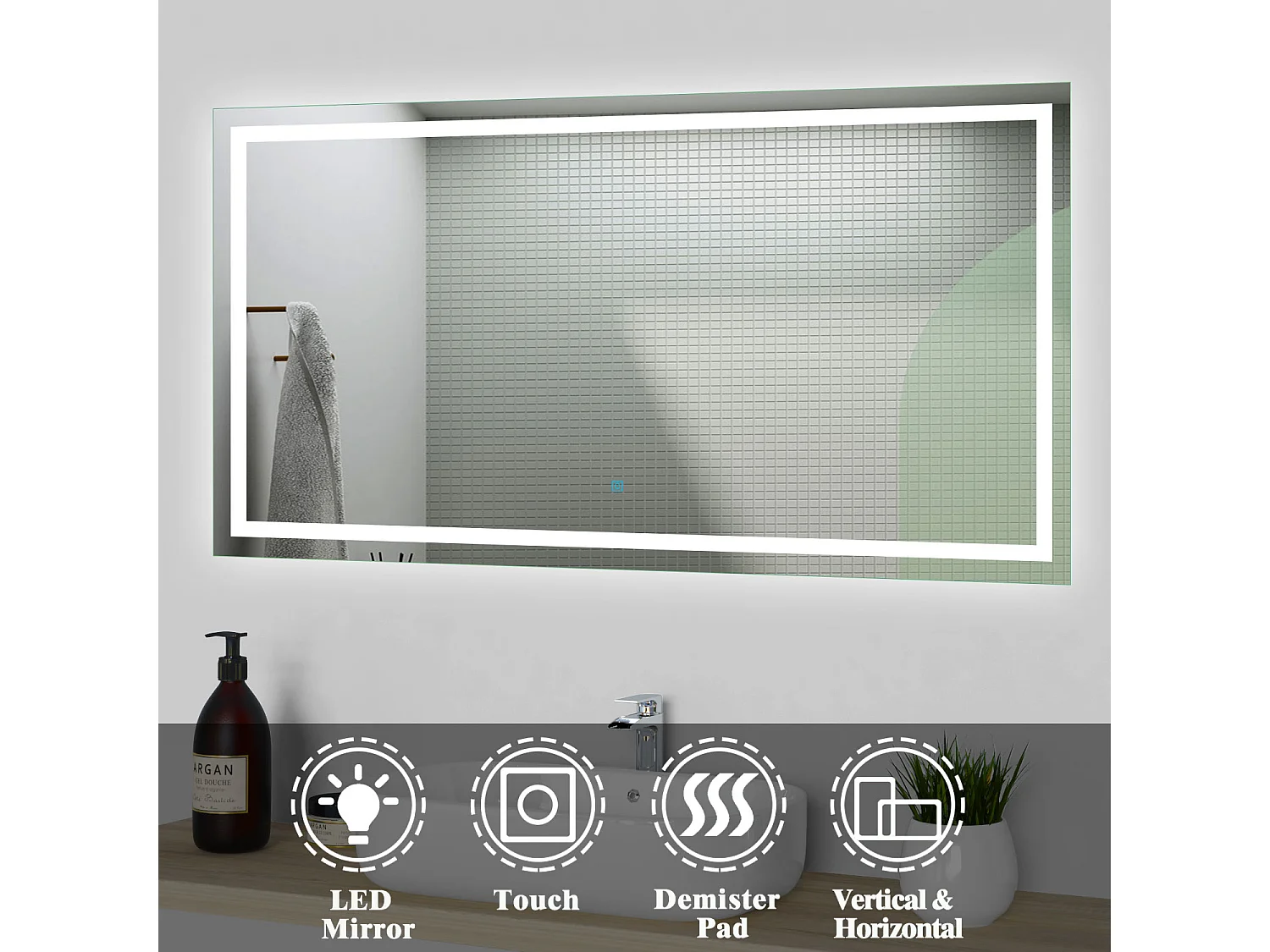 Miroir de salle de bain lumineux l.120 x H.80cm avec Anti-buée, Mural Miroir - Aica