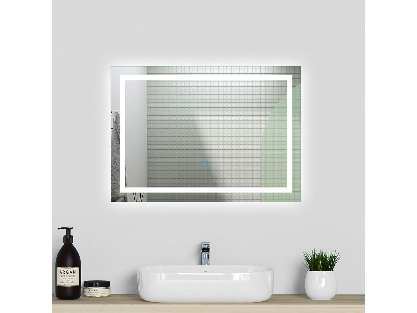 Miroir de salle de bain lumineux l.80 x H.60cm avec Anti-buée, Mural