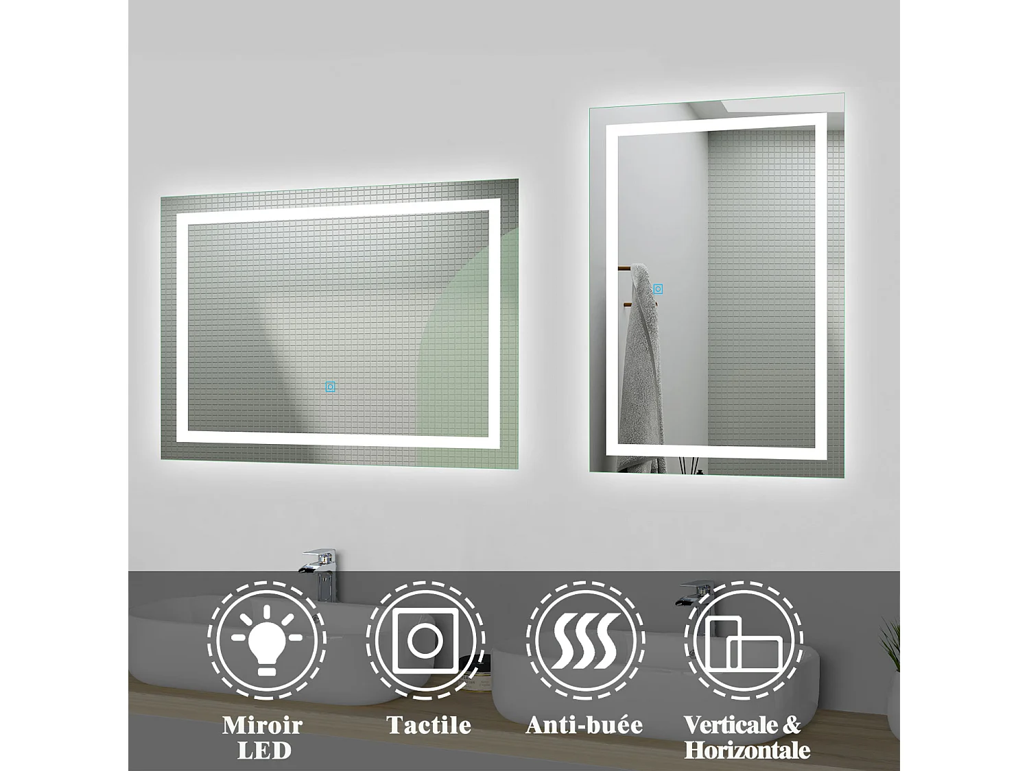 Miroir de salle de bain lumineux l.80 x H.60cm avec Anti-buée, Mural Miroir - Aica