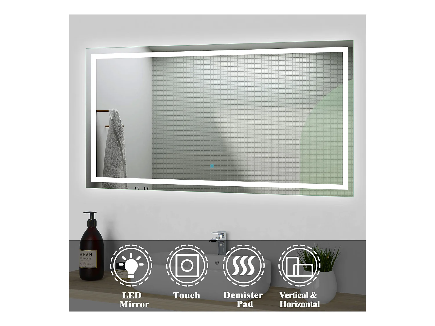 Miroir de salle de bain lumineux l.100 x H.80cm avec Anti-buée, Mural Miroir - Aica