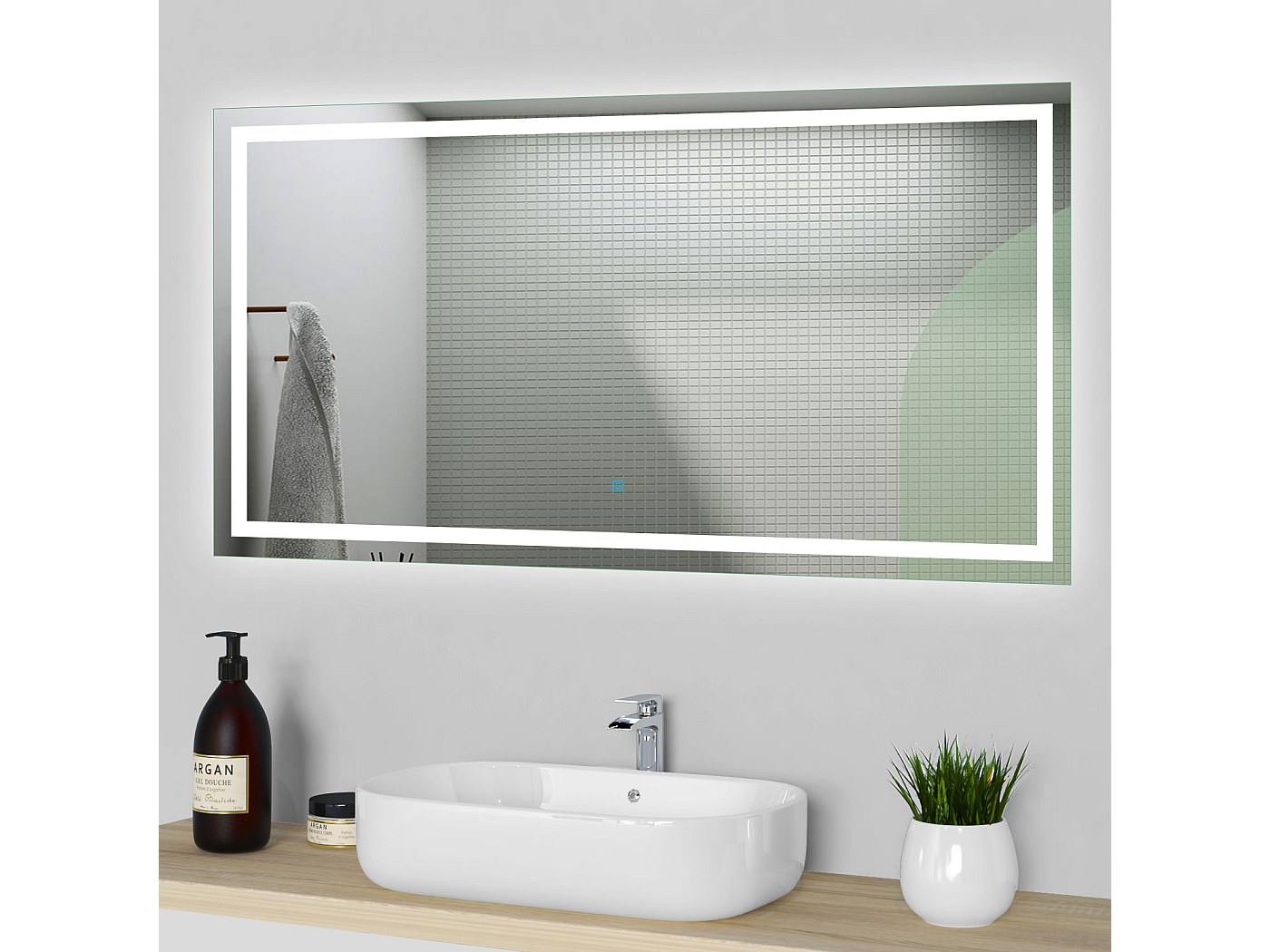 Miroir de salle de bain lumineux l.110 x H.70cm avec Anti-buée, Mural
