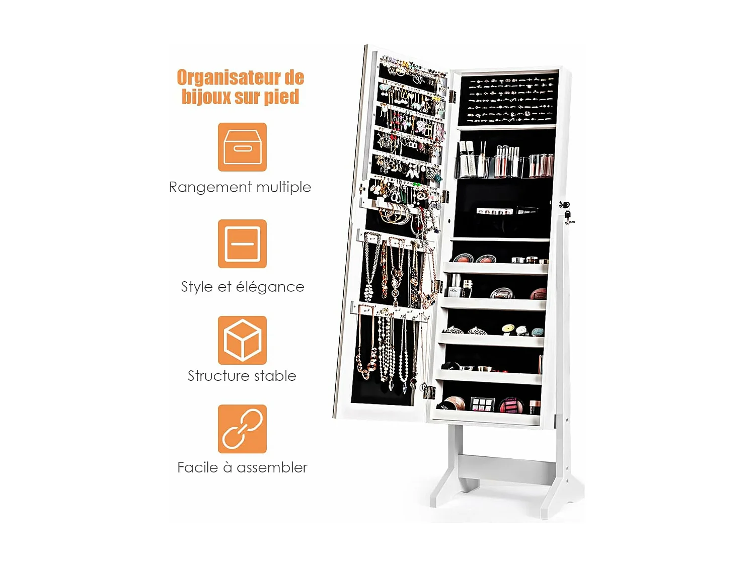 Vrijstaand sieradenkastje, bekleding en diverse opbergruimtes, 41x36,5x146cm wit