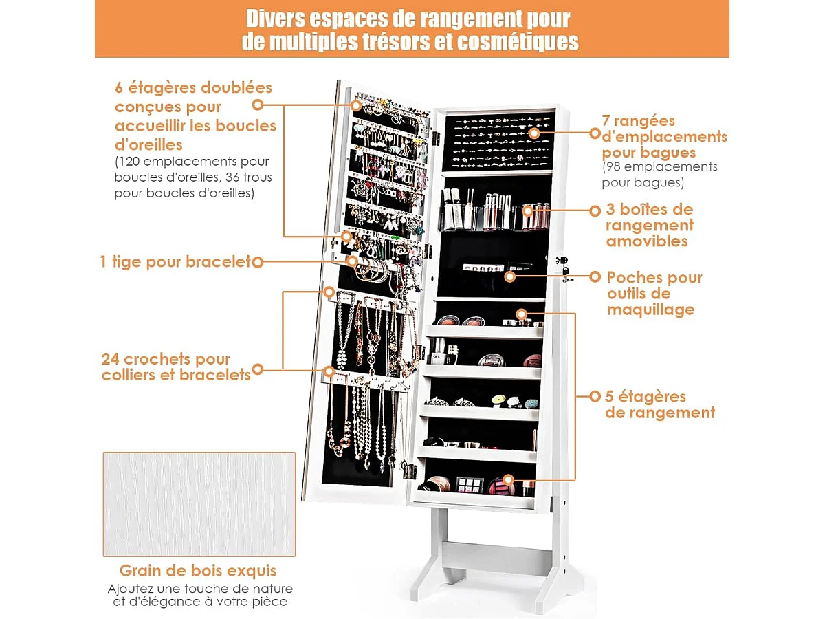 Vrijstaand sieradenkastje, bekleding en diverse opbergruimtes, 41x36,5x146cm wit