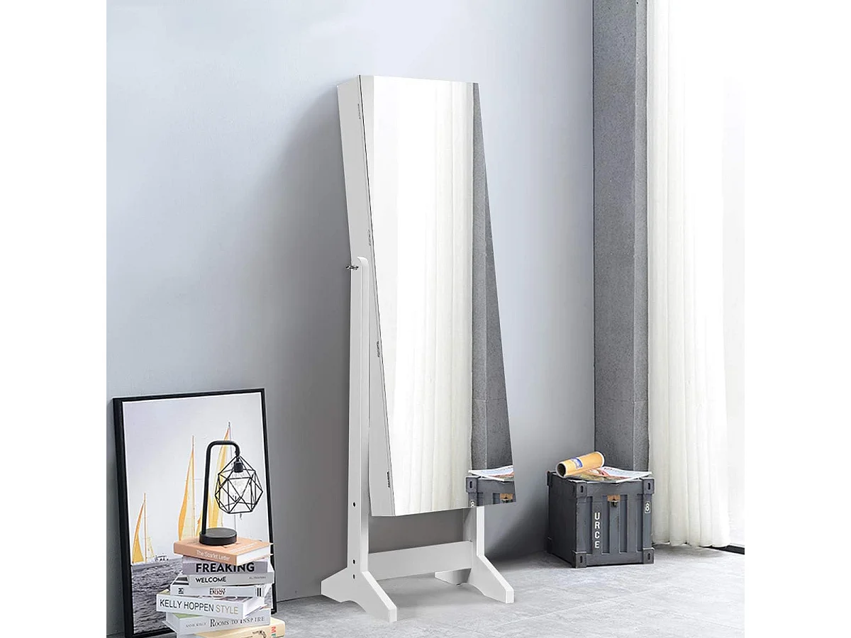 Vrijstaand sieradenkastje, bekleding en diverse opbergruimtes, 41x36,5x146cm wit