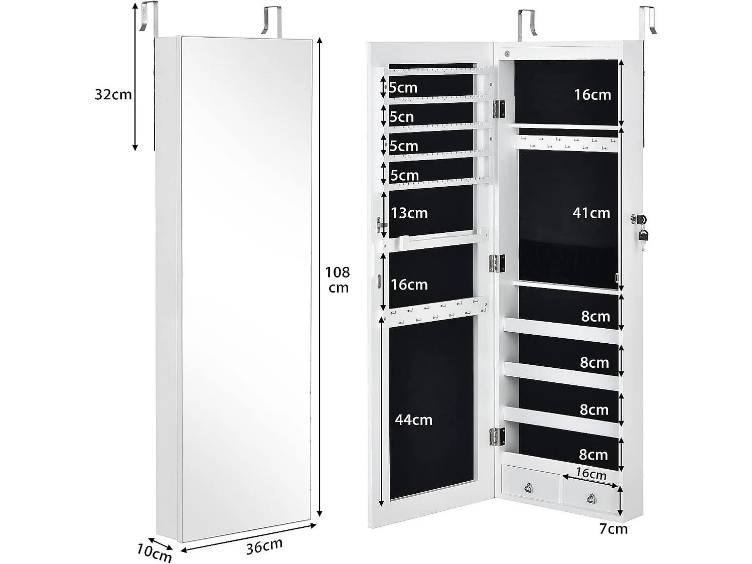 Armoire à bijoux à fixation murale/porte 6 led et 2 tiroirs avec miroir grand format blanche pour chambre