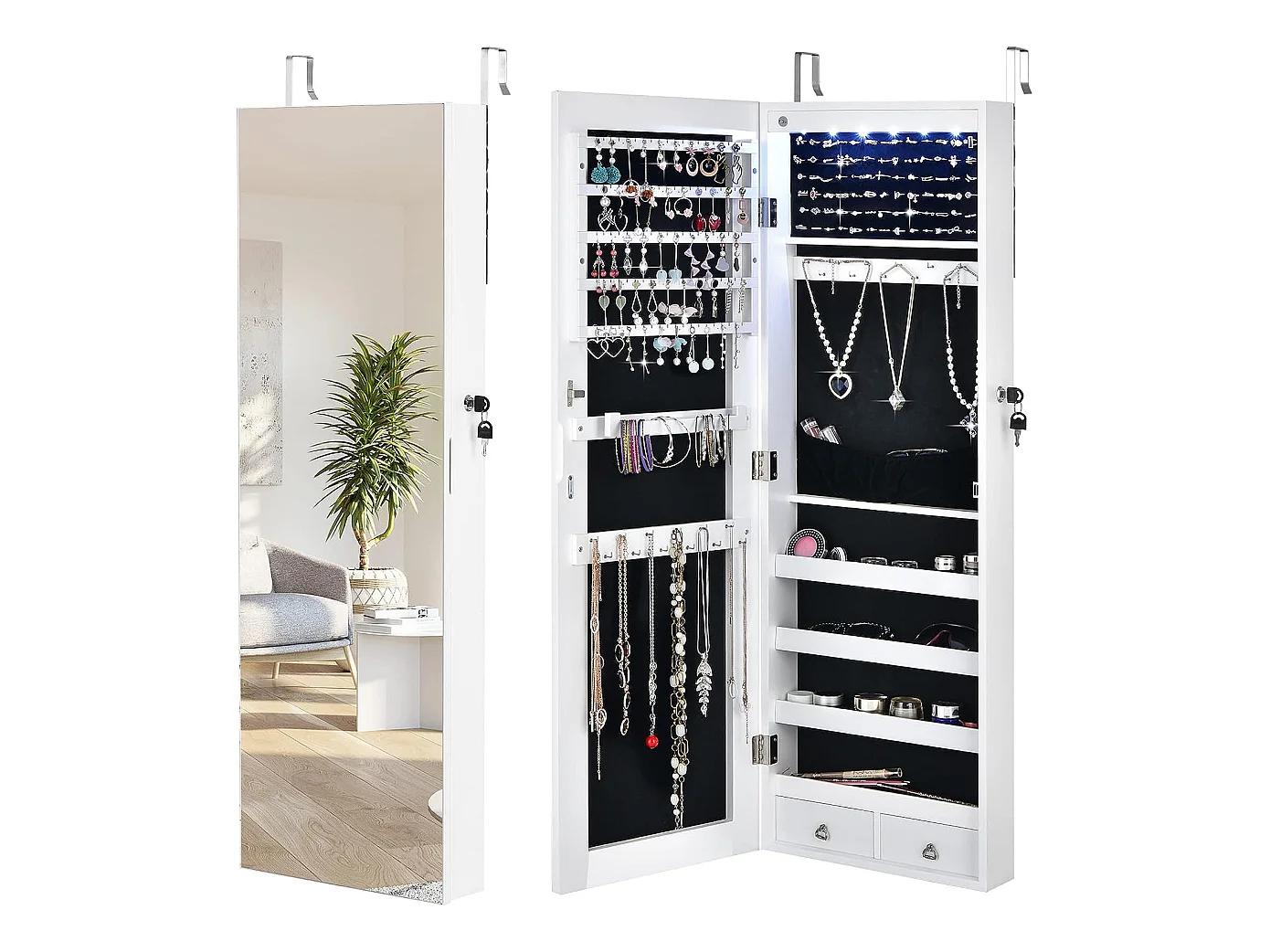 Armoire à bijoux à fixation murale/porte 6 led et 2 tiroirs avec miroir grand format blanche pour chambre