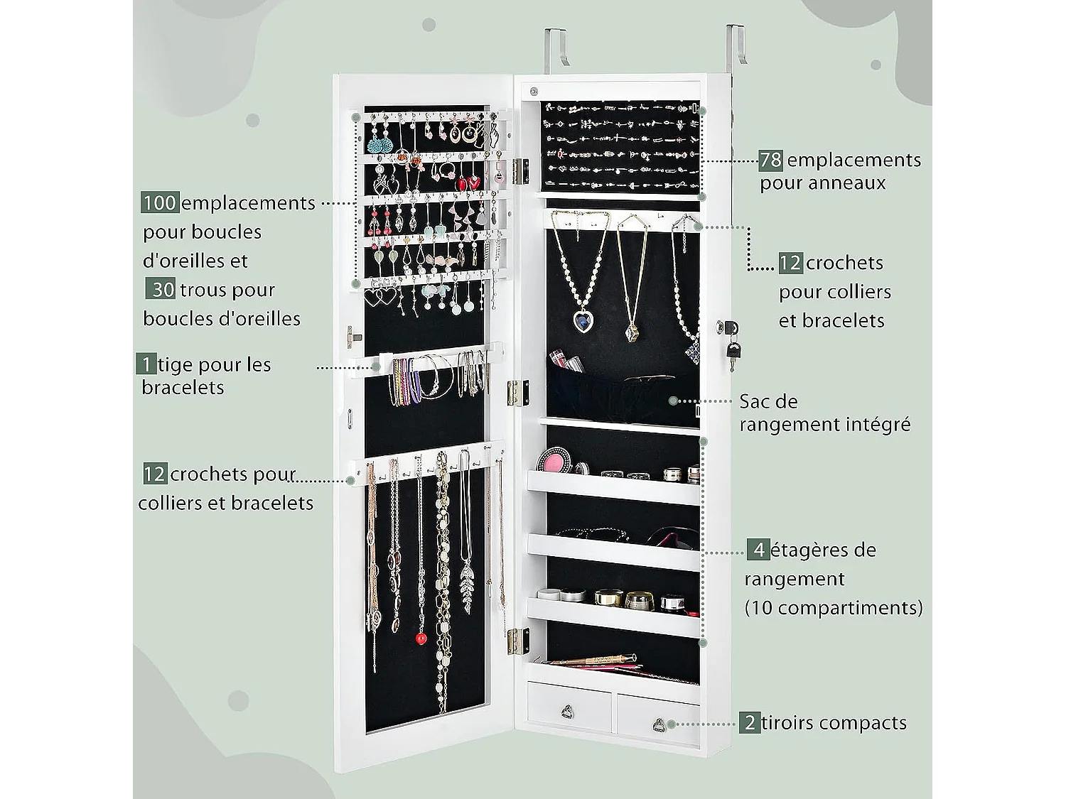 Armoire à bijoux à fixation murale/porte 6 led et 2 tiroirs avec miroir grand format blanche pour chambre