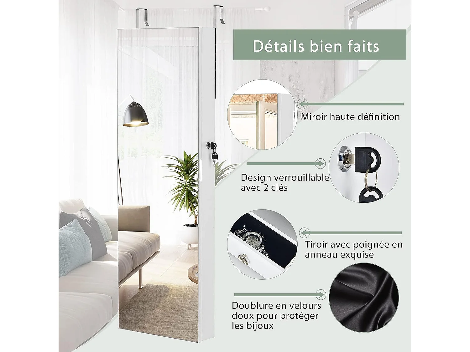 Armoire à bijoux à fixation murale/porte 6 led et 2 tiroirs avec miroir grand format blanche pour chambre