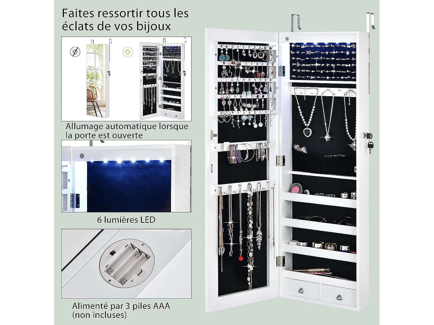 Armoire à bijoux à fixation murale/porte 6 led et 2 tiroirs avec miroir grand format blanche pour chambre