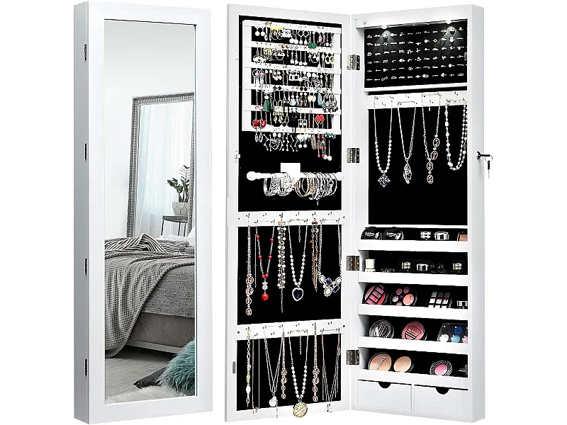 Armoire à bijoux avec led dedans, crochets, miroir et tiroirs, 37 x 9,5 x108 cm