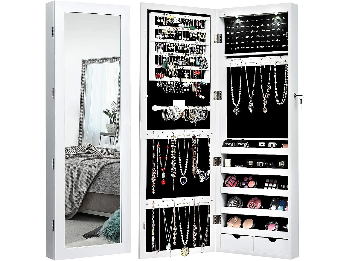 Armoire à bijoux avec led dedans, crochets, miroir et tiroirs, 37 x 9,5 x108 cm