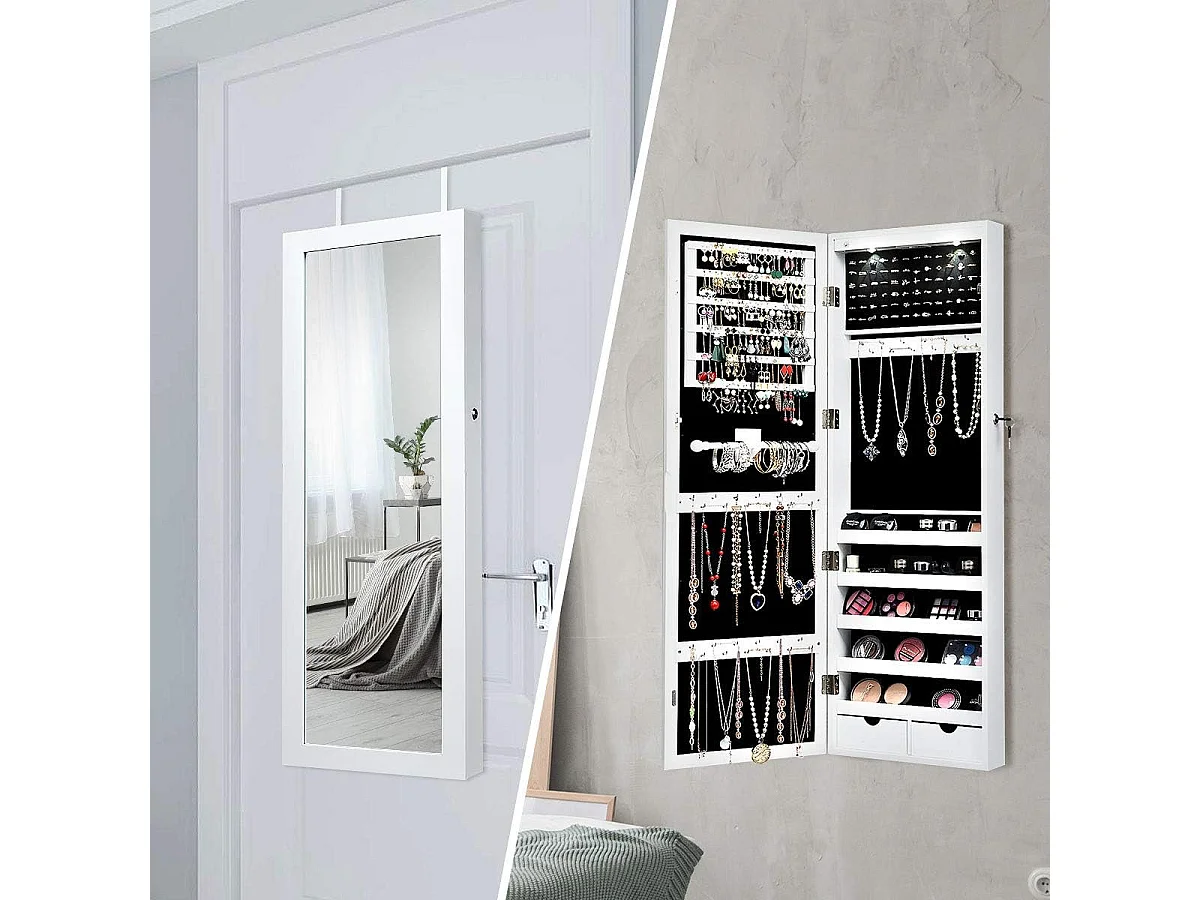 Armoire à bijoux avec led dedans, crochets, miroir et tiroirs, 37 x 9,5 x108 cm