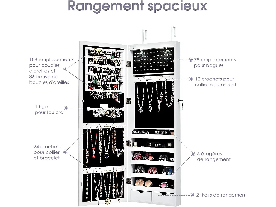 Armoire à bijoux avec led dedans, crochets, miroir et tiroirs, 37 x 9,5 x108 cm