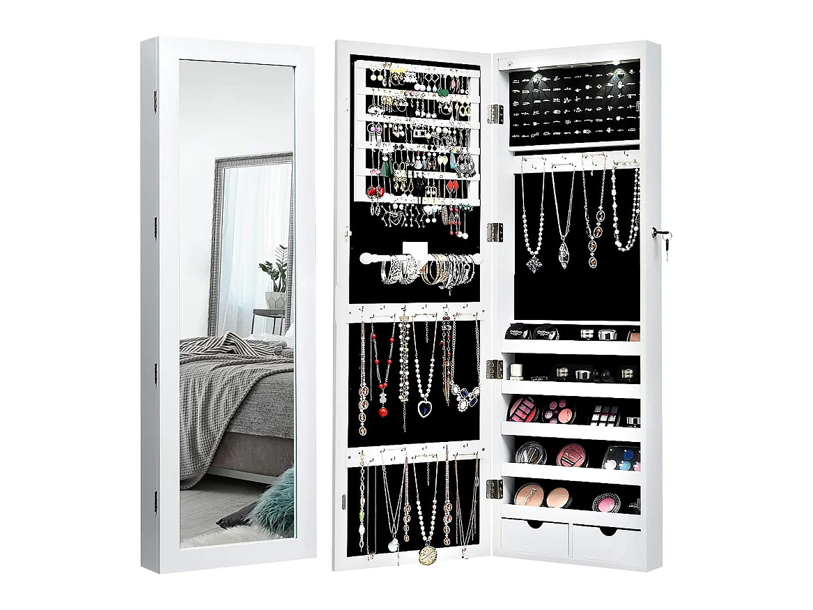 Armoire à bijoux avec led dedans, crochets, miroir et tiroirs, 37 x 9,5 x108 cm