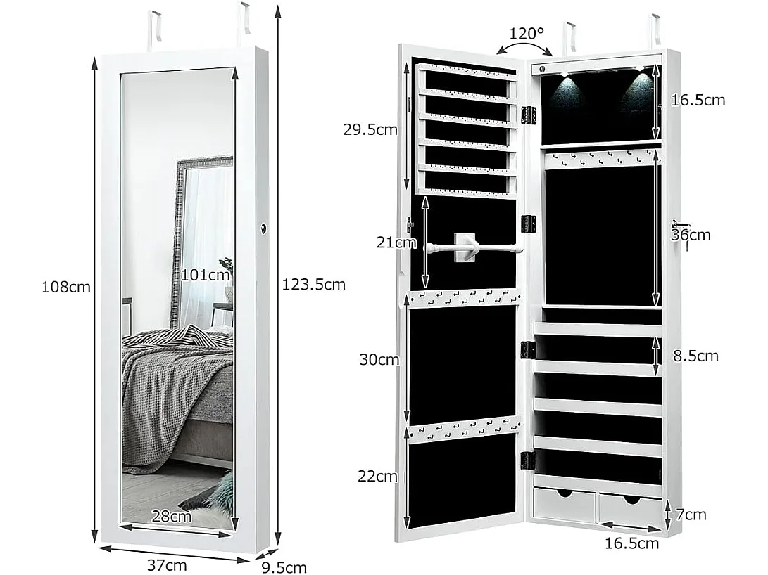 Armoire à bijoux avec led dedans, crochets, miroir et tiroirs, 37 x 9,5 x108 cm