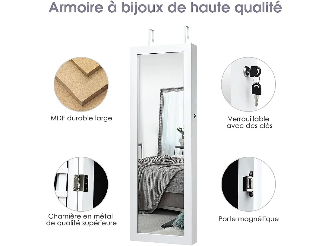 Armoire à bijoux avec led dedans, crochets, miroir et tiroirs, 37 x 9,5 x108 cm