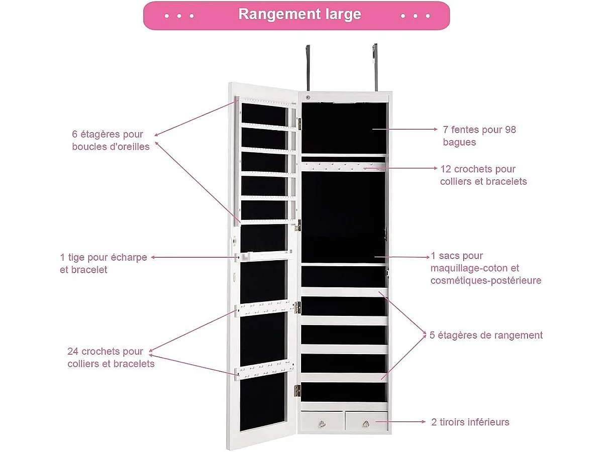 Armoire bijoux de rangement armoire à bijoux mural armoire bijoux led accrochée à la porte