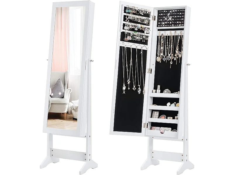 Armoire à bijoux sur pied avec miroir psyché coffre à bijoux, armoire de rangement cosmétiques