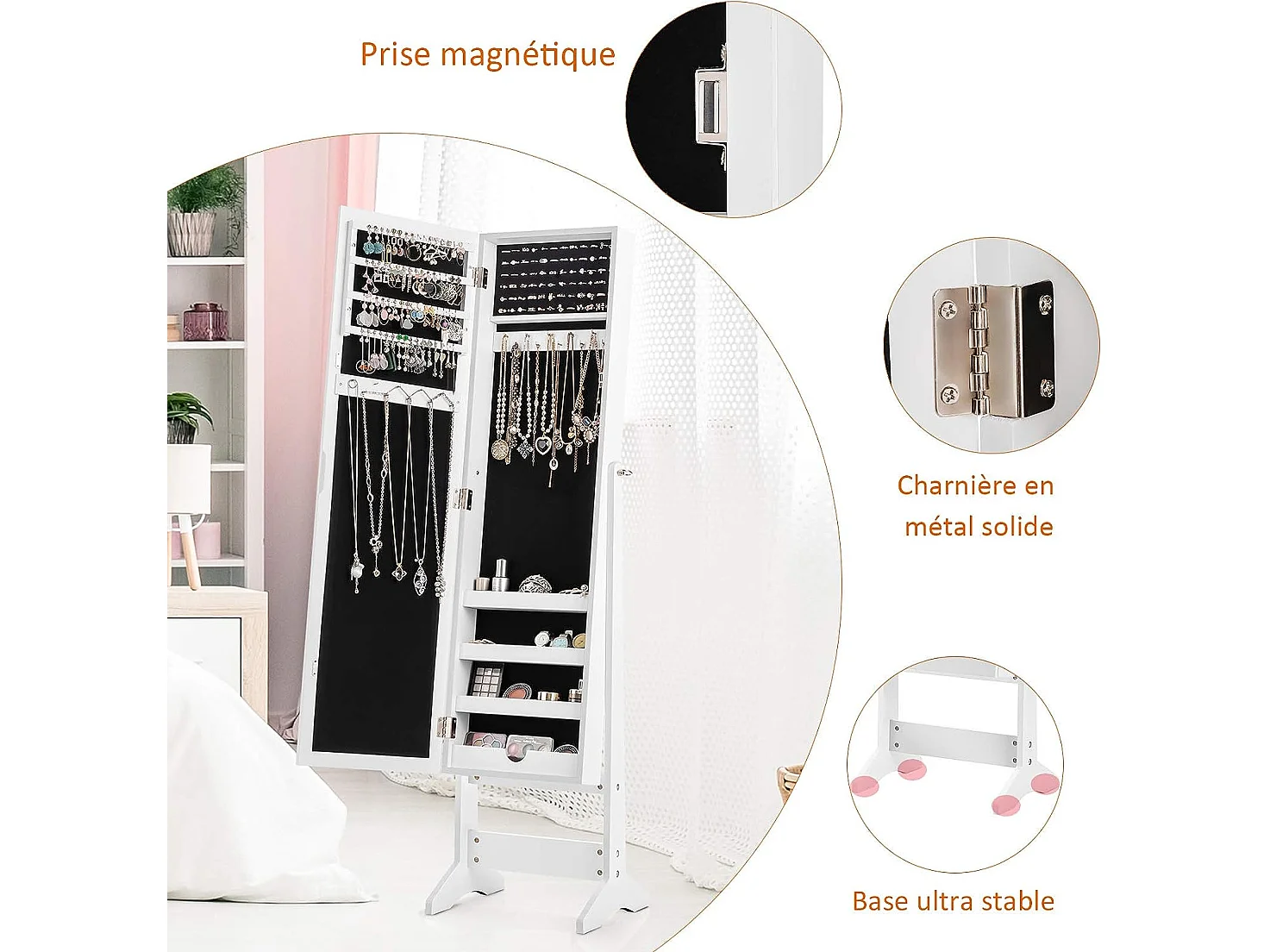 Armoire à bijoux sur pied avec miroir psyché coffre à bijoux, armoire de rangement cosmétiques