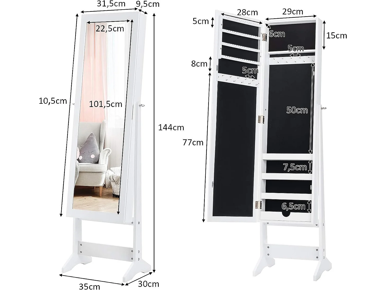 Armoire à bijoux sur pied avec miroir psyché coffre à bijoux, armoire de rangement cosmétiques