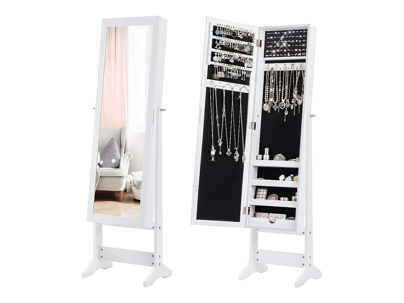 Armoire à bijoux sur pied avec miroir psyché coffre à bijoux, armoire de rangement cosmétiques