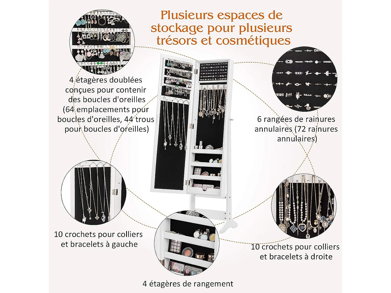 Armoire à bijoux sur pied avec miroir psyché coffre à bijoux, armoire de rangement cosmétiques