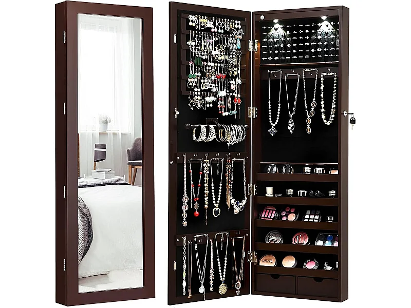 Armoire à bijoux avec led dedans, crochets, miroir et tiroirs, 37 x 9,5 x108 cm