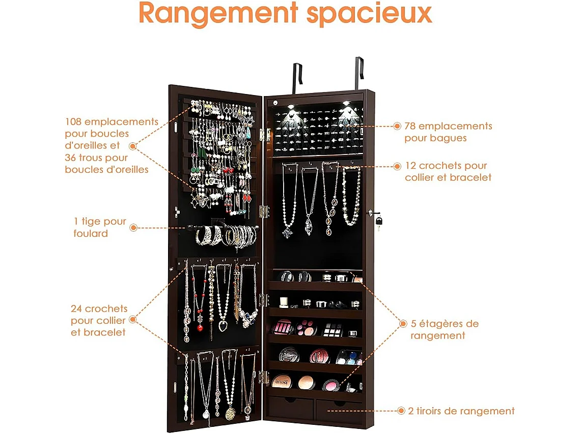 Armoire à bijoux avec led dedans, crochets, miroir et tiroirs, 37 x 9,5 x108 cm