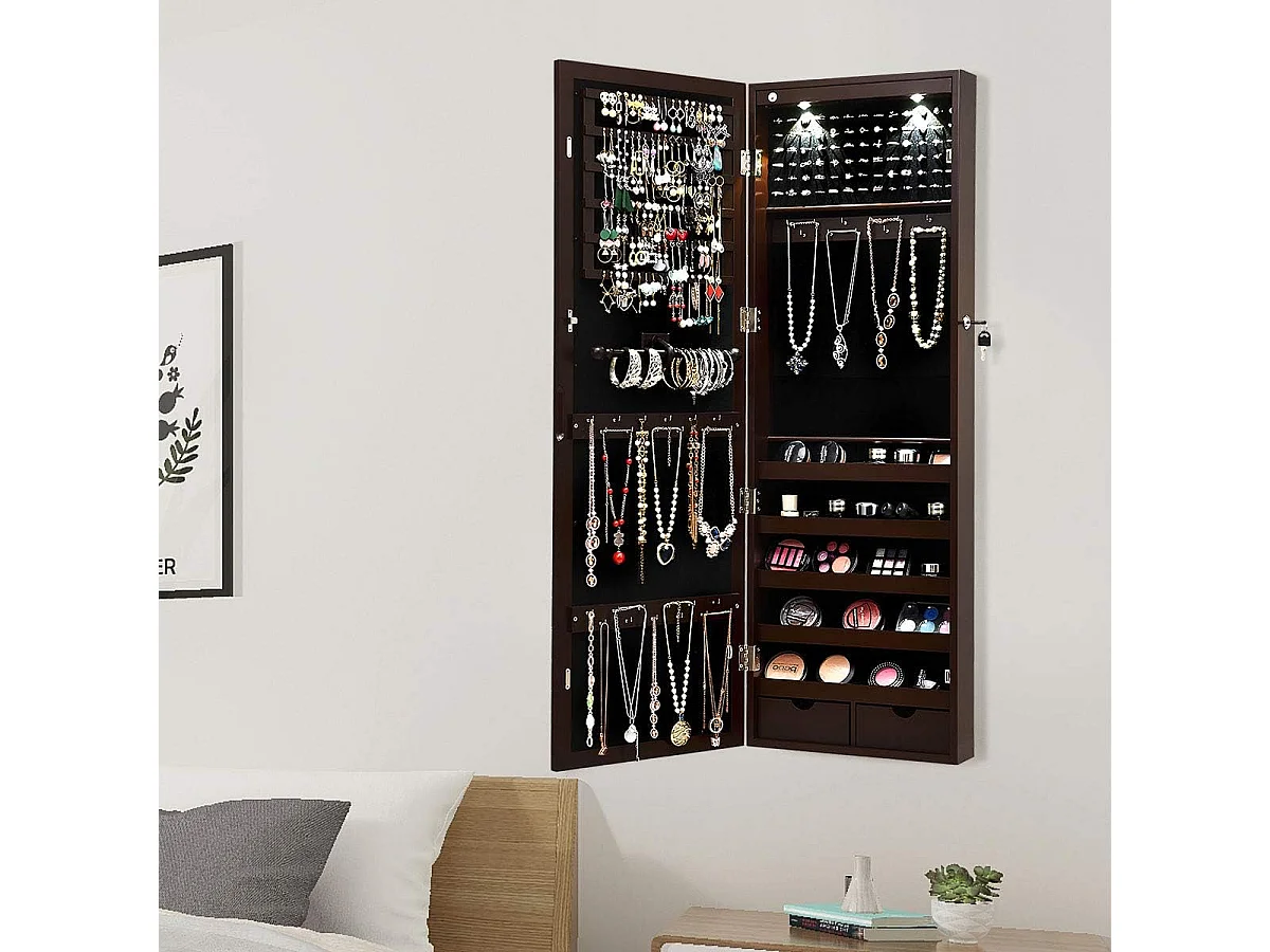 Armoire à bijoux avec led dedans, crochets, miroir et tiroirs, 37 x 9,5 x108 cm