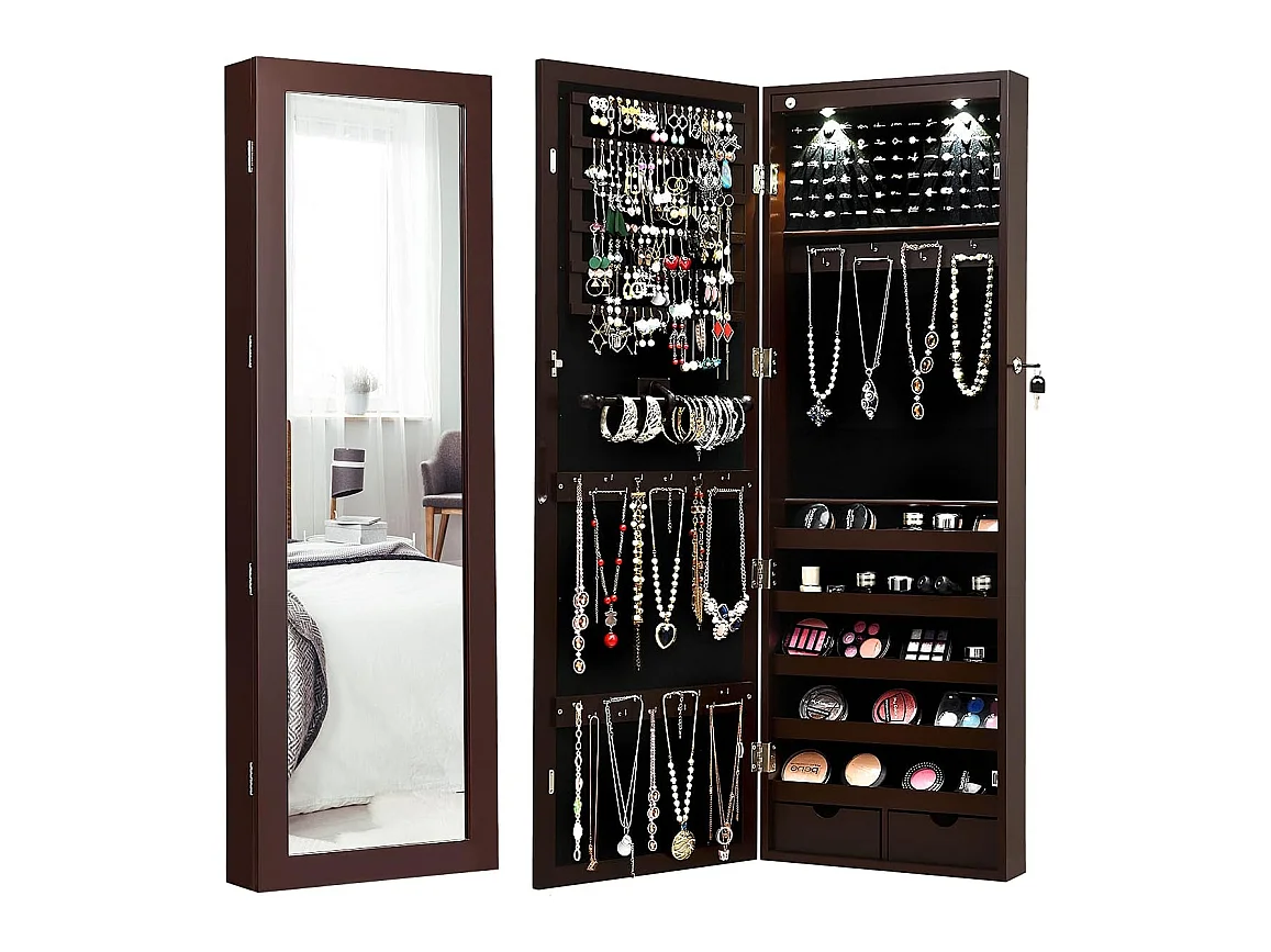 Armoire à bijoux avec led dedans, crochets, miroir et tiroirs, 37 x 9,5 x108 cm