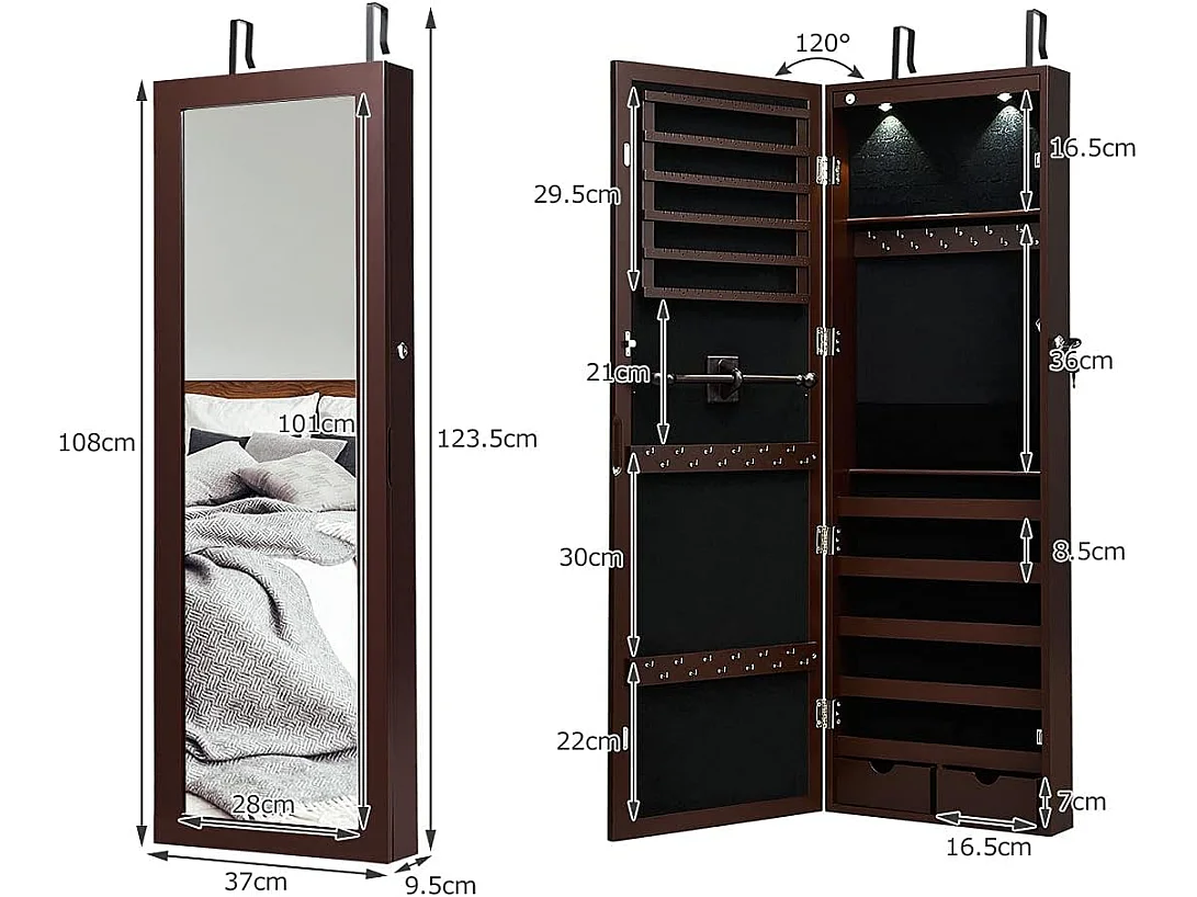 Armoire à bijoux avec led dedans, crochets, miroir et tiroirs, 37 x 9,5 x108 cm