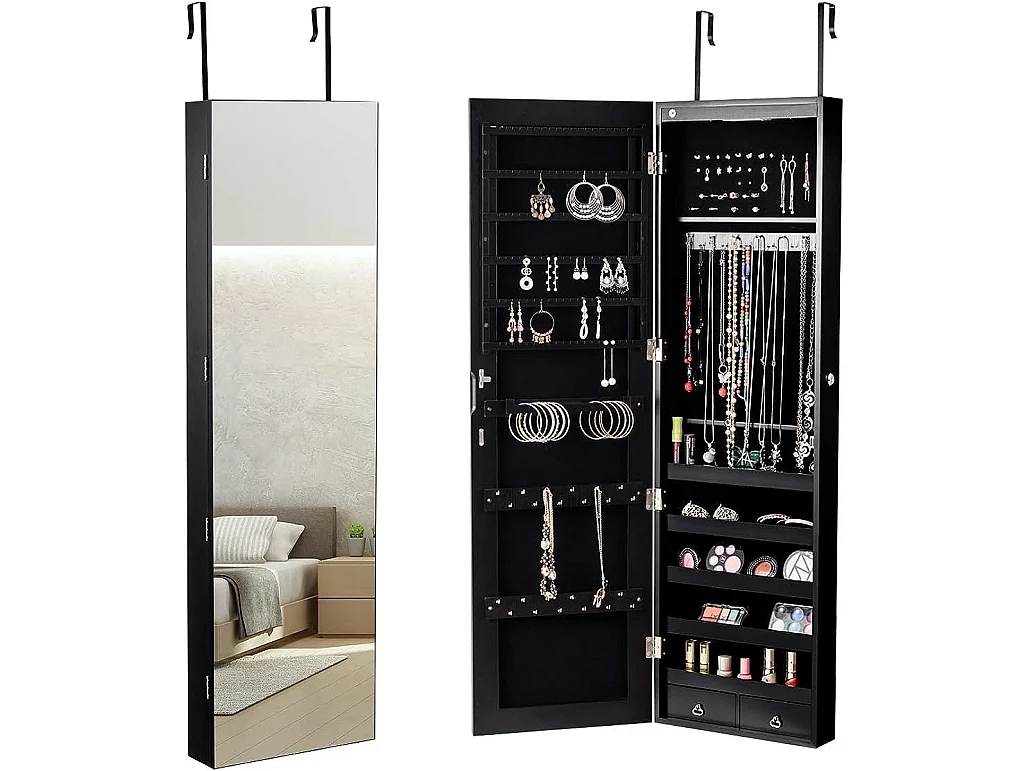 Armoire à bijoux mural armoire bijoux de rangement avec miroir et lumière led 120 x 36 x 10 cm accrochée à la porte