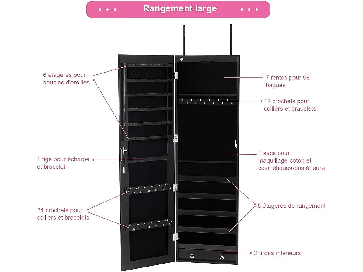 Armoire à bijoux mural armoire bijoux de rangement avec miroir et lumière led 120 x 36 x 10 cm accrochée à la porte