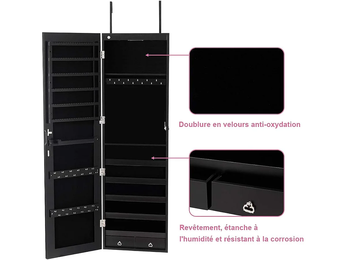 Armoire à bijoux mural armoire bijoux de rangement avec miroir et lumière led 120 x 36 x 10 cm accrochée à la porte