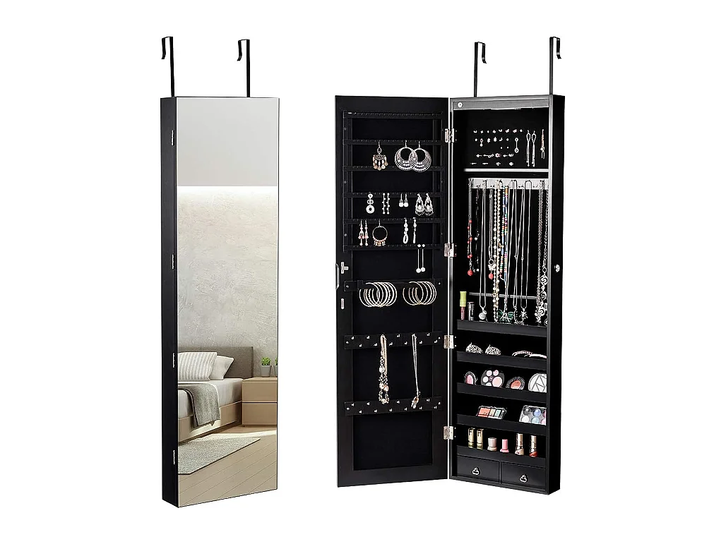 Armoire à bijoux mural armoire bijoux de rangement avec miroir et lumière led 120 x 36 x 10 cm accrochée à la porte