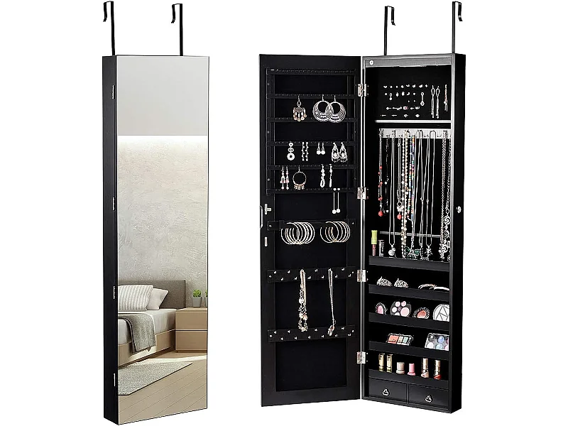 Armoire à bijoux mural armoire bijoux de rangement avec miroir et lumière led 120 x 36 x 10 cm accrochée à la porte