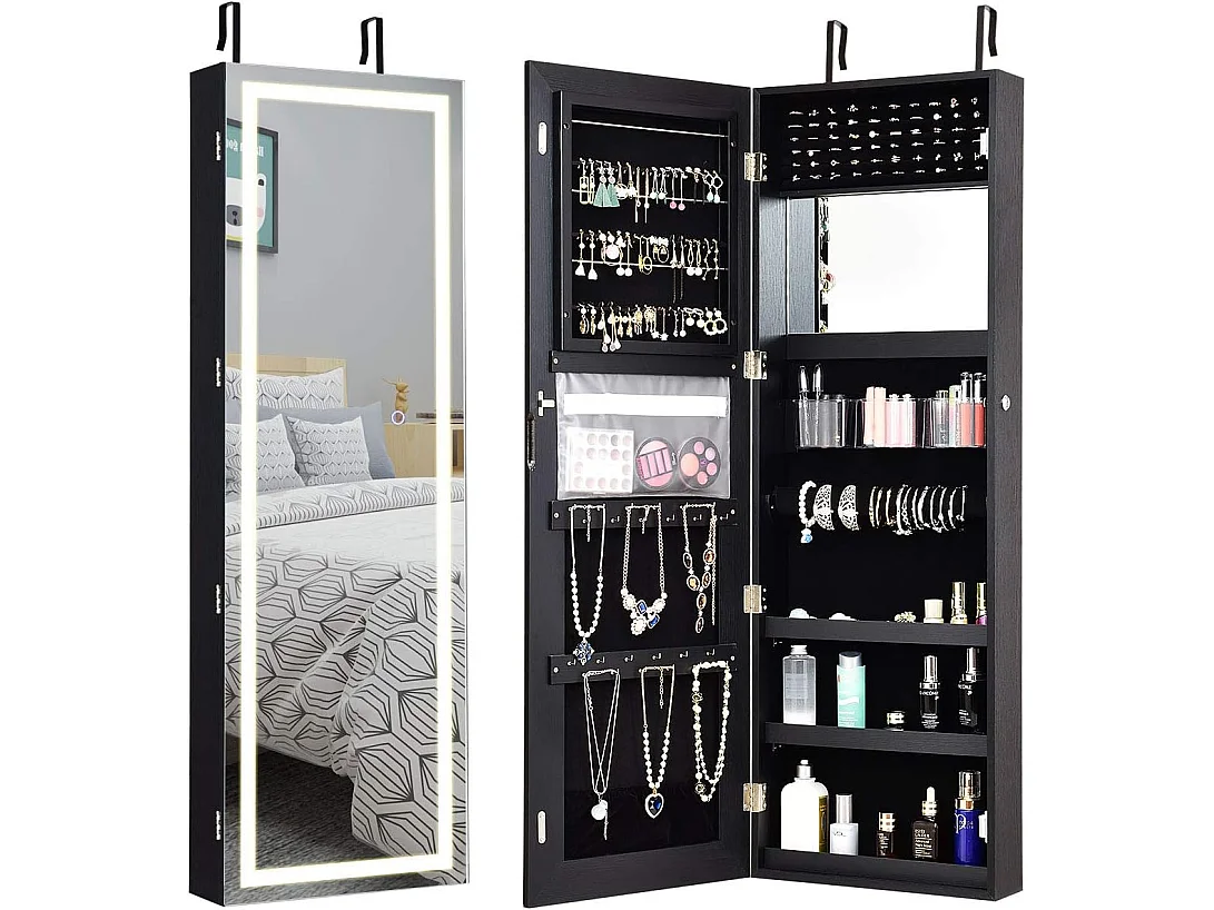Armoire à bijoux avec ecran tactile, lumineux led, verrouillable rangement pour bijoux et cosmétiques noir