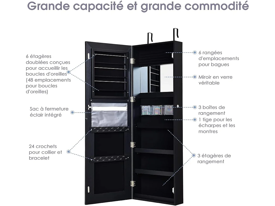 Armoire à bijoux avec ecran tactile, lumineux led, verrouillable rangement pour bijoux et cosmétiques noir