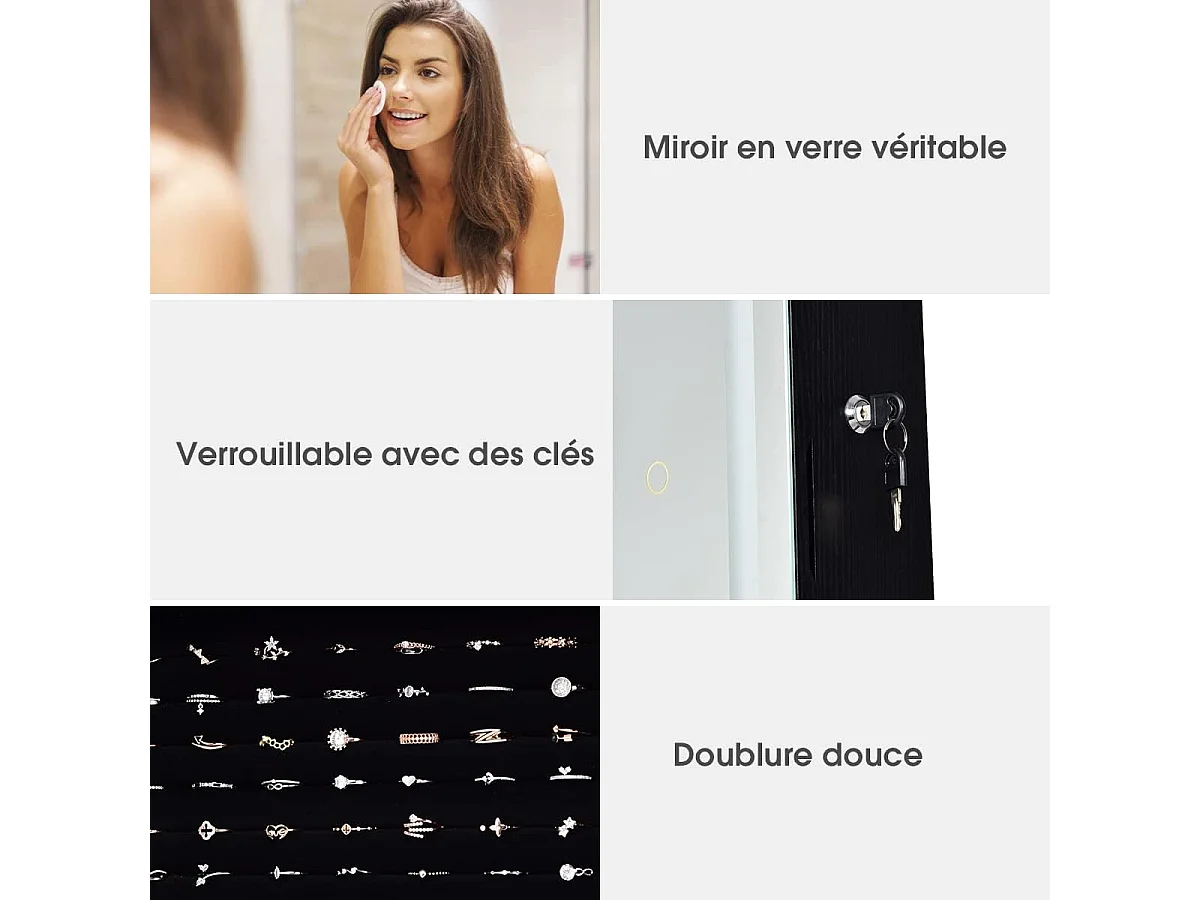 Armoire à bijoux avec ecran tactile, lumineux led, verrouillable rangement pour bijoux et cosmétiques noir