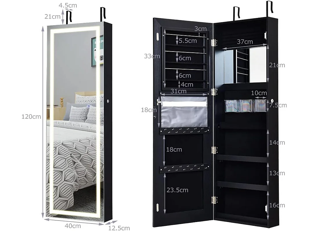 Armoire à bijoux avec ecran tactile, lumineux led, verrouillable rangement pour bijoux et cosmétiques noir