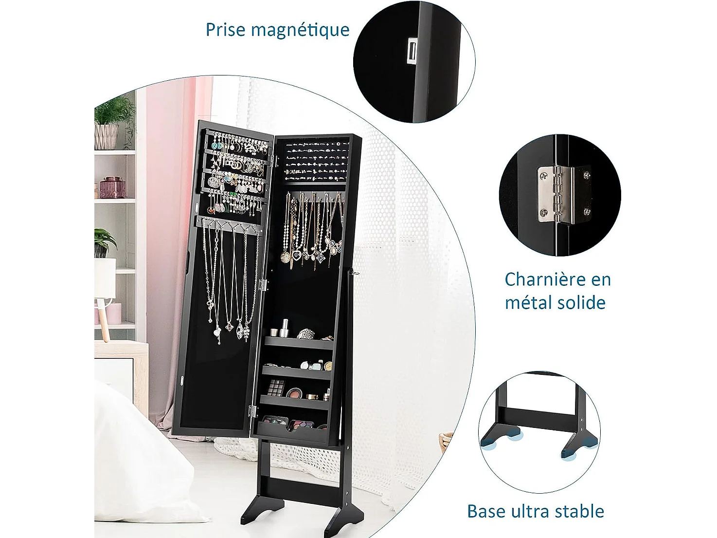 Armoire à bijoux sur pied avec miroir coffre à bijoux, armoire de rangement cosmétiques