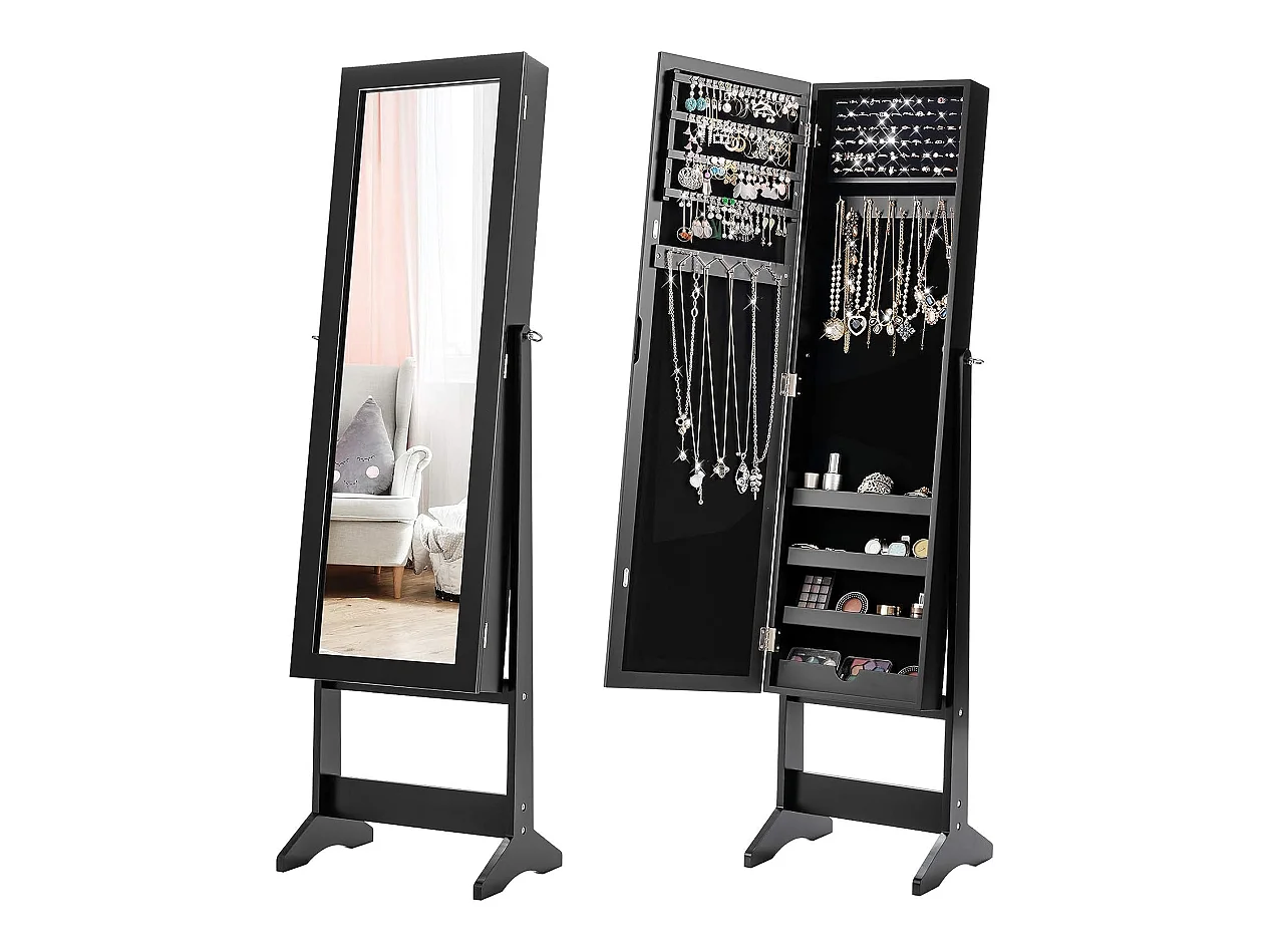 Armoire à bijoux sur pied avec miroir coffre à bijoux, armoire de rangement cosmétiques