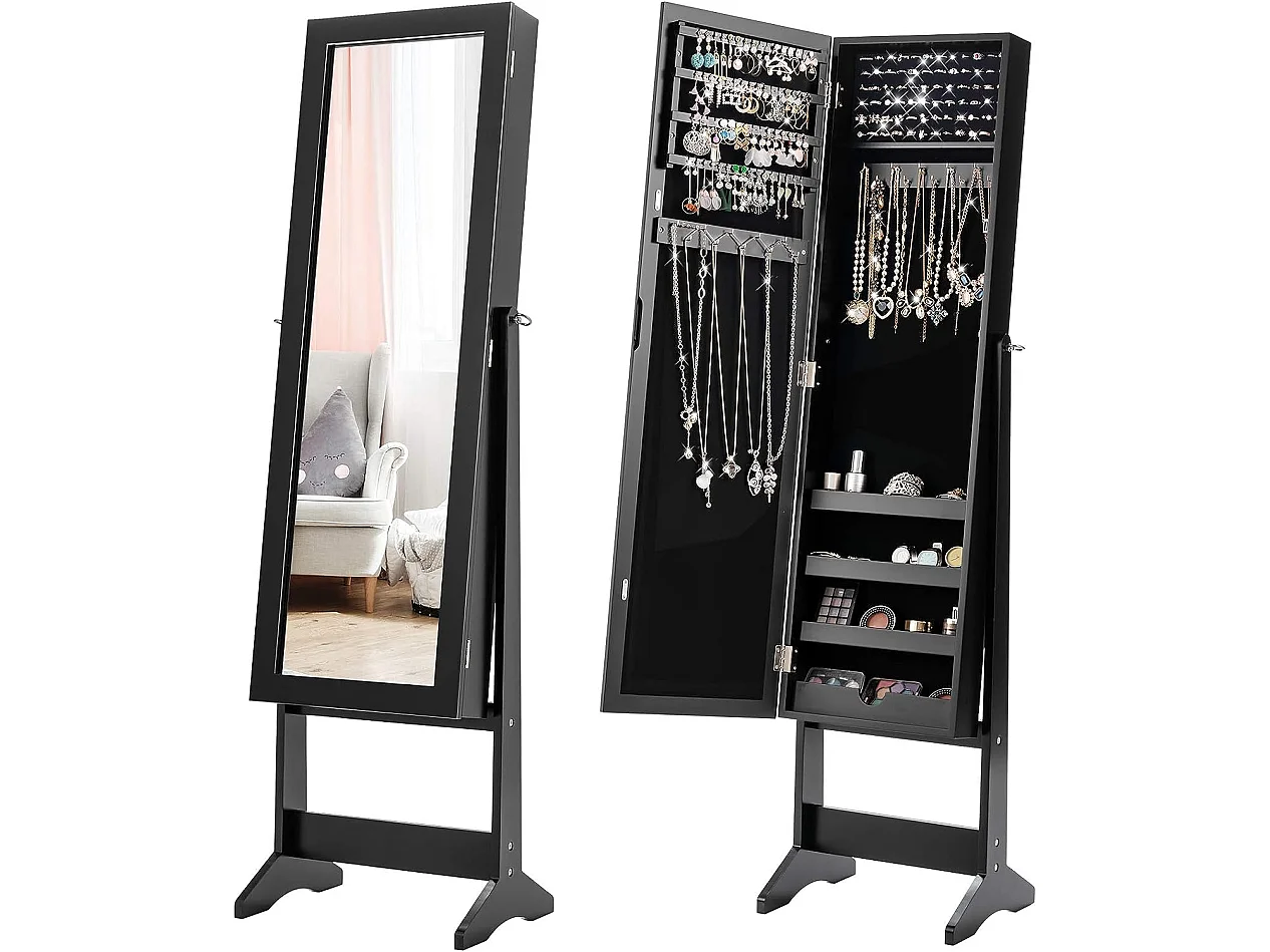 Armoire à bijoux sur pied avec miroir coffre à bijoux, armoire de rangement cosmétiques