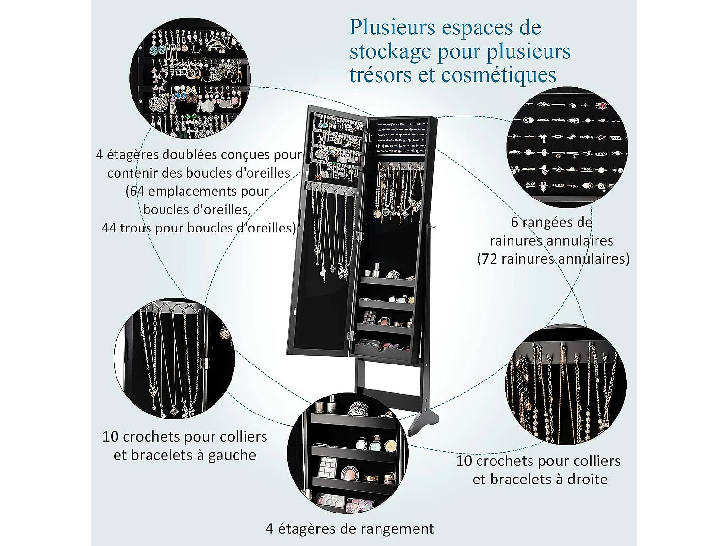 Armoire à bijoux sur pied avec miroir coffre à bijoux, armoire de rangement cosmétiques