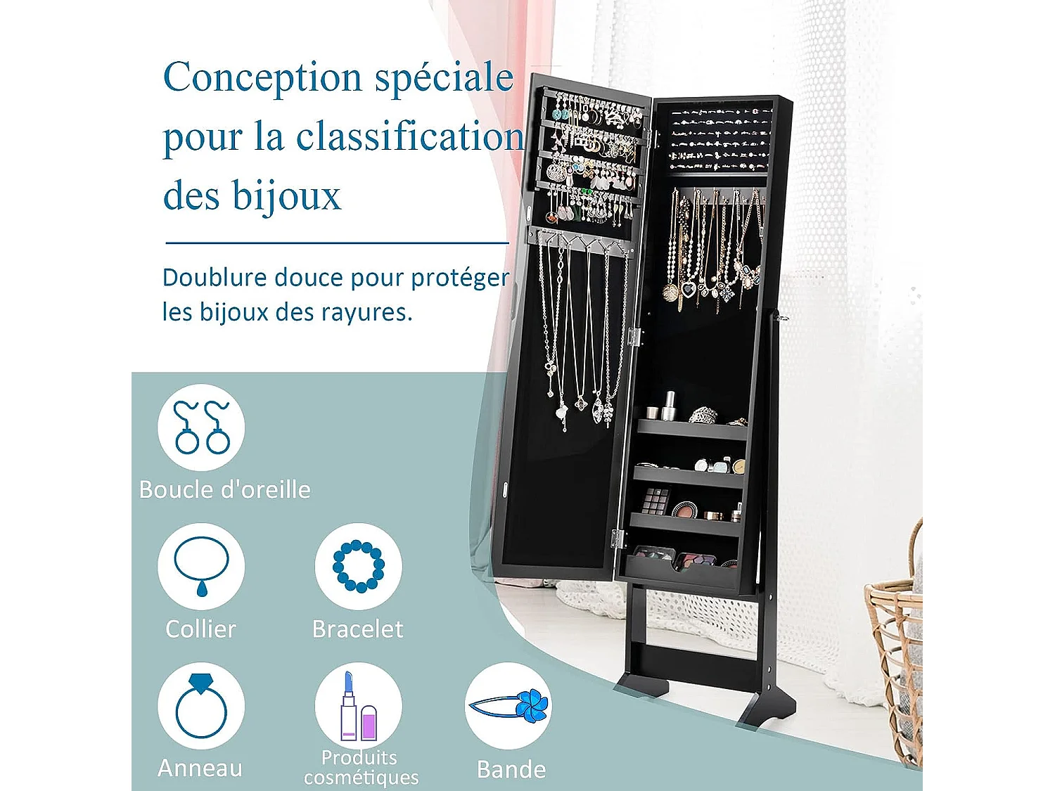 Armoire à bijoux sur pied avec miroir coffre à bijoux, armoire de rangement cosmétiques