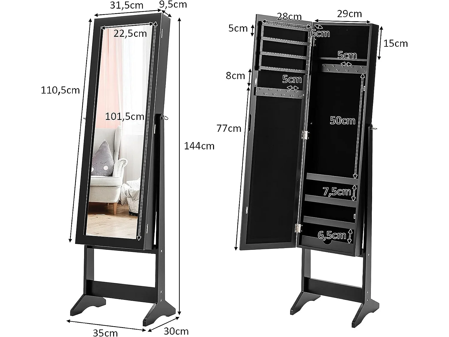 Armoire à bijoux sur pied avec miroir coffre à bijoux, armoire de rangement cosmétiques